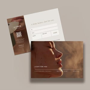 May include: Two rectangular gift cards for Aepsol Skin Clinic. One card features a profile of a face, a QR code, and contact details. The other card displays a face in profile with the text A GIFT FOR YOU, CUSTOMIZED FACIALS, BROW LASH, and WAXING.