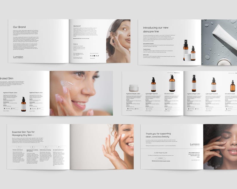 Product listing page design with editable skincare brand pricing and table of contents - customizable for beauty brands and skin care clinics in Canva.