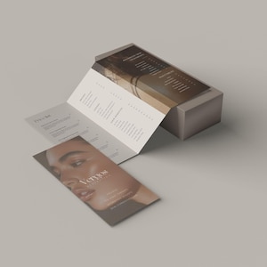 Luxury med spa brochure design in warm brown tones, printable and fully customizable Canva template, trifold layout featuring waxing, aesthetic services and contact details section