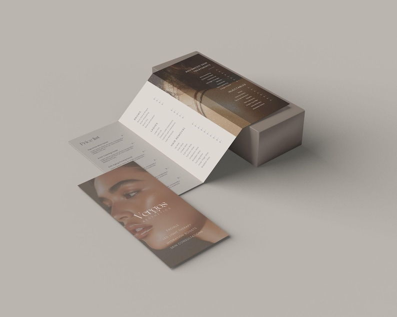 Luxury med spa brochure design in warm brown tones, printable and fully customizable Canva template, trifold layout featuring waxing, aesthetic services and contact details section