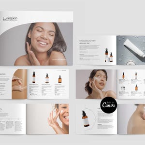 Customizable catalog Template in Canva, for skincare cosmetic branding, Includes line sheet of 2,4 and 6 product display grids.