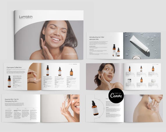 Cosmetics Product Catalog Template, Professional Skincare Dermatologist Clinical Brand Marketing Line sheet, A4 + US Letter
