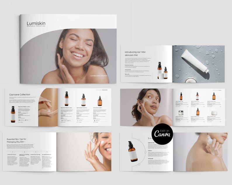 Customizable catalog Template in Canva, for skincare cosmetic branding, Includes line sheet of 2,4 and 6 product display grids.