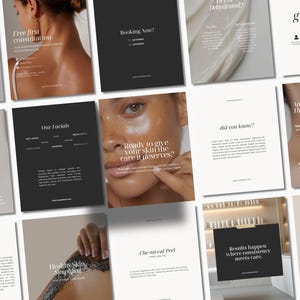 May include: A collection of digital social media templates for a skincare clinic featuring minimalist typography, neutral colour palettes, and imagery of skin textures, facial treatments, and professional aesthetic service information.