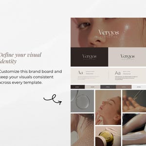 May include: A brand board template titled Vergos Aesthetics featuring a neutral color palette, typography samples, and a collection of photographic imagery including skincare, facial close-ups, and textures to define a visual identity.