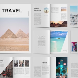 Plantilla de libro de viajes minimalista, revista de viajes editable, álbum de fotos de viajes, plantilla de Canva // Tamaño EE. UU.