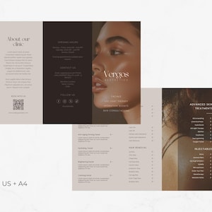 Puede incluir: Folleto de Vergos Aesthetics, con informaci&oacute;n sobre tratamientos faciales, tratamientos de la piel y consultas, con el rostro de una mujer. El folleto utiliza una paleta de colores neutros y una fuente moderna. Incluye un c&oacute;digo QR e informaci&oacute;n de contacto.