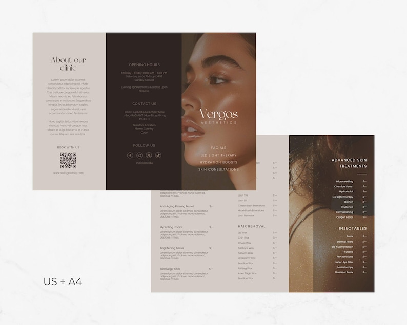 Puede incluir: Folleto de Vergos Aesthetics, con informaci&oacute;n sobre tratamientos faciales, tratamientos de la piel y consultas, con el rostro de una mujer. El folleto utiliza una paleta de colores neutros y una fuente moderna. Incluye un c&oacute;digo QR e informaci&oacute;n de contacto.
