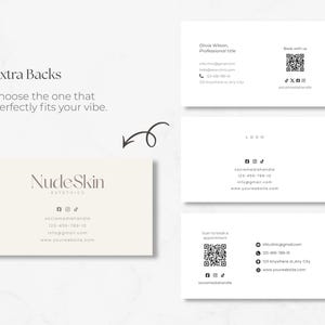 May include: A collection of business card designs with a minimalist aesthetic. The cards feature contact information, social media handles, and QR codes. The text includes the business name "Nude Skin Esthetics" and the phrase "Extra Backs".