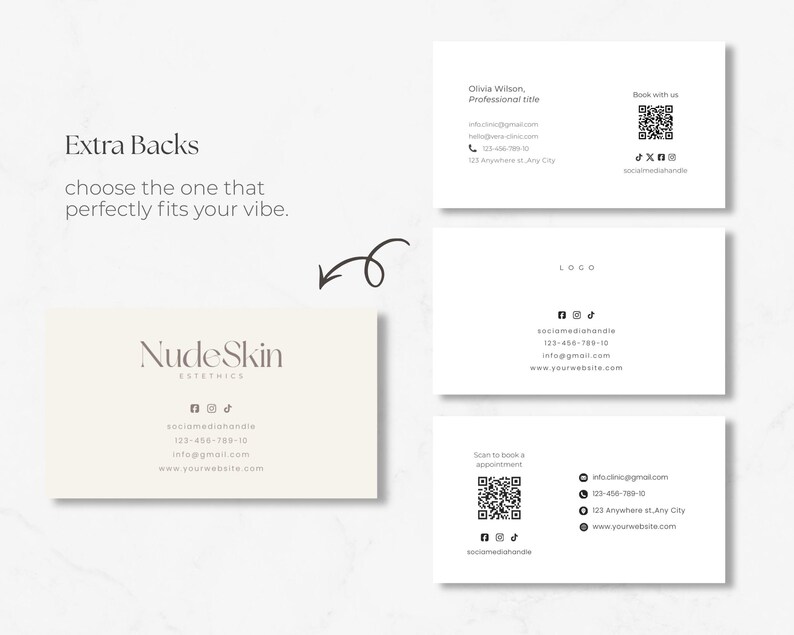 May include: A collection of business card designs with a minimalist aesthetic. The cards feature contact information, social media handles, and QR codes. The text includes the business name "Nude Skin Esthetics" and the phrase "Extra Backs".