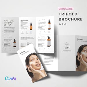 Szablon Trifold Cosmetics, Profesjonalny dermatolog do pielęgnacji skóry, Marketing marki klinicznej, Składana broszura produktowa, Szablon Canva/USA i A4