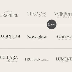 9 editable beauty logos for salons, skincare professionals, fully editable in Canva.