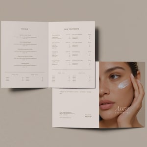 Preisliste für Kosmetikstudios (zweifach gefaltet) | Angebotsübersicht für Kosmetik, Hautpflege & Gesichtsbehandlungen | Bearbeitbare Canva-Vorlage (halb gefaltet)