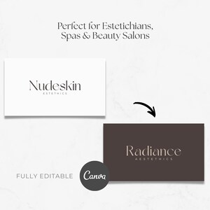 May include: Two business card designs with the text "Nudeskin ESTETHICS" and "Radiance AESTETHICS". The words "Perfect for Estetichians, Spas & Beauty Salons" are at the top. The Canva logo is at the bottom.