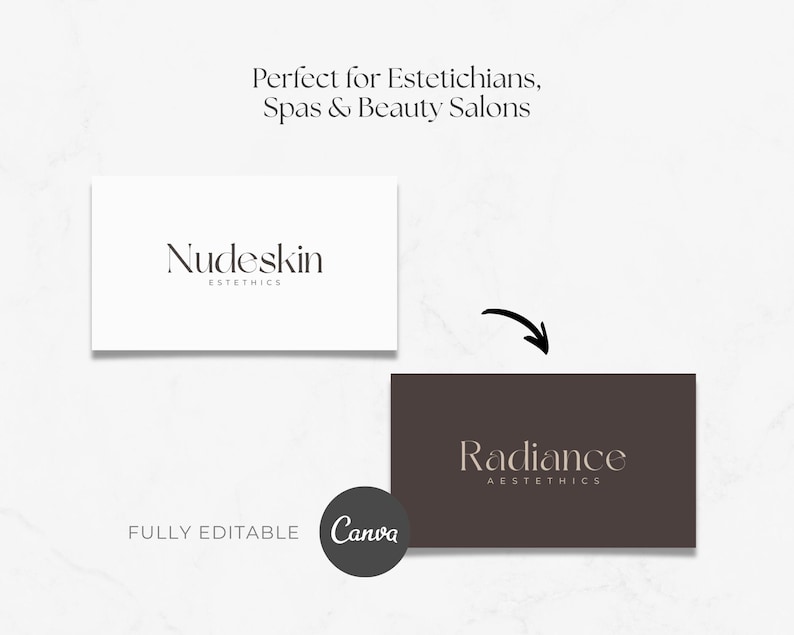 May include: Two business card designs with the text "Nudeskin ESTETHICS" and "Radiance AESTETHICS". The words "Perfect for Estetichians, Spas & Beauty Salons" are at the top. The Canva logo is at the bottom.