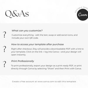 May include: A white graphic with the title "Q&As" in a serif font. The text explains how to customize, access, and print a template. A black circle with the text "Editable Template Canva" is in the upper right corner.