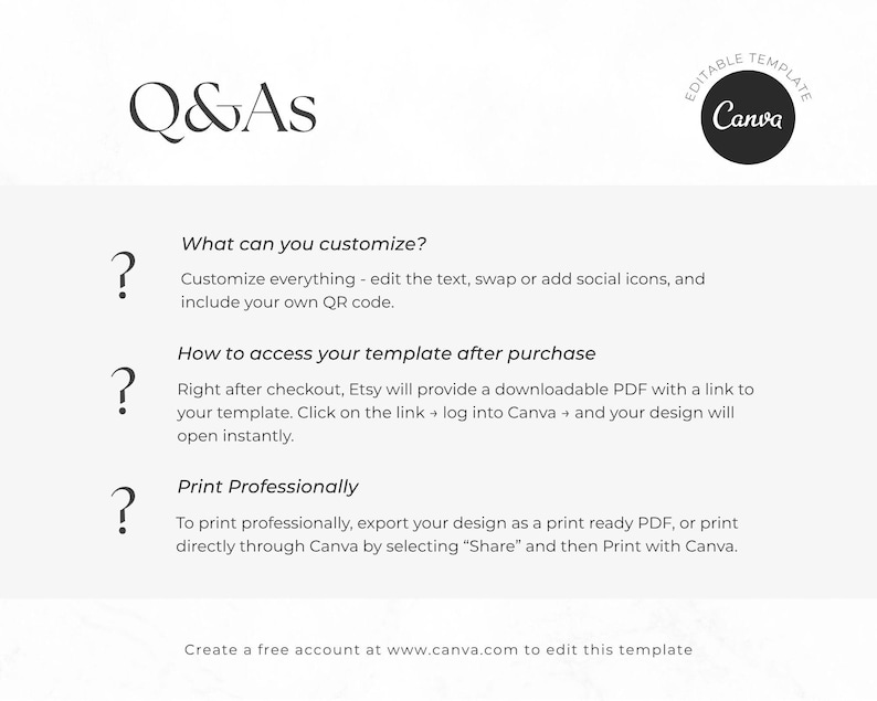 May include: A white graphic with the title "Q&As" in a serif font. The text explains how to customize, access, and print a template. A black circle with the text "Editable Template Canva" is in the upper right corner.