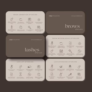 Puede incluir: Un conjunto de seis tarjetas rectangulares de cuidados posteriores para tratamientos de belleza, con fondos beige claro y marrón oscuro. Las tarjetas muestran iconos y texto para laminado de cejas, microblading, lifting de pestañas y extensiones.