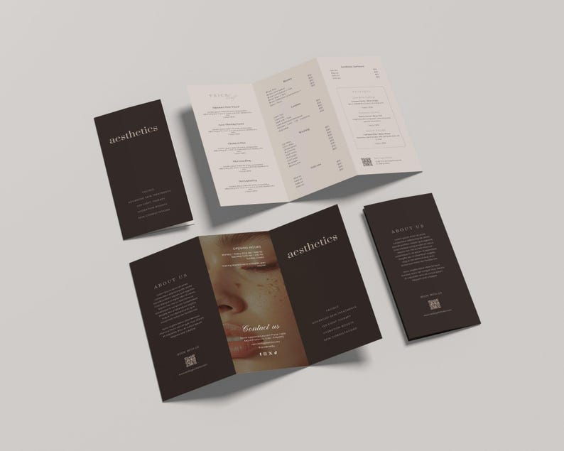 Brown luxury med spa trifold Canva template featuring an aesthetic image of smooth glowing skin, warm brown accents for text, and an elegant, upscale design. Editable digital service menu template for estheticians, facials, advanced skin treatments, and injectables. Digital download.