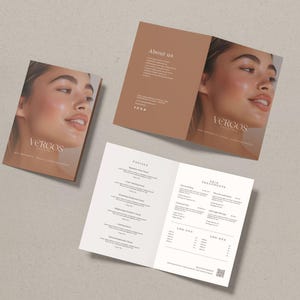 Mall för minimalistisk spa-prislista | Lyxig skönhetsbehandlingsmeny, halvvikt häfte för hudterapeut, hår- och nagelsalong, redigerbar canvas - Glow