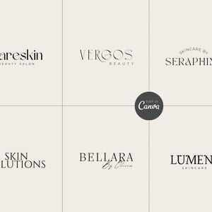 Könnte beinhalten: Sechs Logos für Schönheits- und Hautpflegemarken, darunter "Bareskin Beauty Salon", "Vergos Beauty", "Skincare by Seraphine", "Skin Solutions", "Bellara by Olivia" und "Lumene Skincare". Die Logos sind schwarz auf beigem Hintergrund, mit dem Text "Edit in Canva".