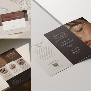 Beige and brown luxury branding templates for estheticians, med spa and skincare professionals, featuring a trifold brochure, service flyer, and printable gift card. Editable Canva templates designed for modern salon branding and high-end beauty businesses. Ideal for estheticians, skincare clinics, and spas offering facial treatments, wellness services, and luxury aesthetic experiences.