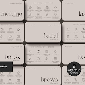 May include: A set of eight beige aftercare cards for beauty treatments including microneedling, lashes, lash extensions, lash lift, facial, brow lamination, and botox. Each card features dark brown text, icons, and social media placeholders.