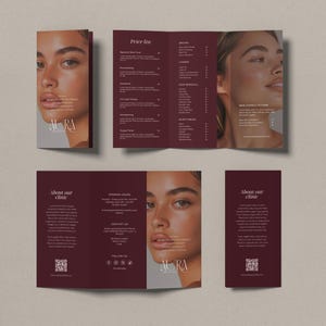 Peut inclure: Un ensemble de brochures pliées en trois pour une clinique nommée Aura, avec un thème de couleur bordeaux profond, une typographie serif blanche et des portraits photographiques. La mise en page inclut une liste de prix et un QR code.