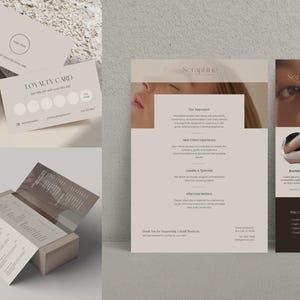 Minimal esthetician loyalty card and service flyer templates with highlighted services and trust-building design, included in a professional skincare branding bundle. Features a modern serif font trifold price list with space for facial treatments and services. Editable Canva templates ideal for estheticians, salons, and skincare professionals building client trust and brand consistency.