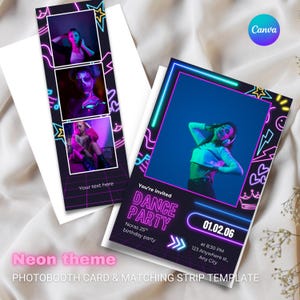 Neon Dance Party laden Fotostand Karte + Fotostreifen, Canva bearbeitbare Vorlage, Geburtstage und Ereignisse, Glow Themenkarte, Sofort Download ein