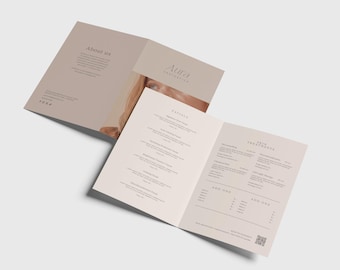 Plantilla de menú/folleto plegable para tratamientos faciales y de spa para esteticistas, salones de belleza y spas médicos. Editable en Canva.