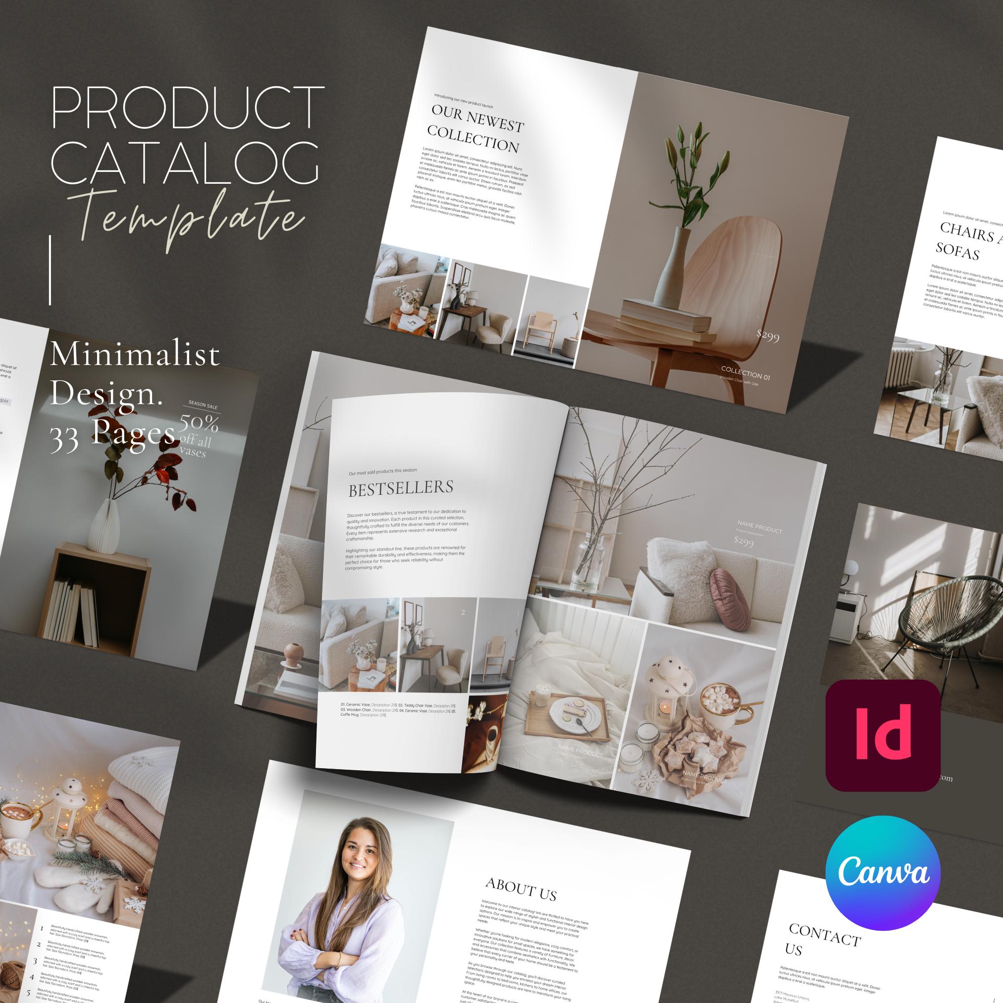 Product Catalog Furniture and Home Decor, Minimalistic Design with linesheets and brand Introduction, Canva & Indesign indd Template