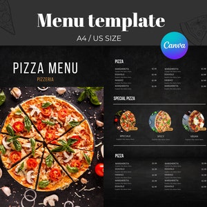 Schwarze Pizza-Menü-Broschüre-Flyer für Pizzaria, bearbeitbare Vorlage Canva, A4 US-Größe, Lebensmittel-Menü-Canva-Vorlage für Pizzeria, Sofort-Download