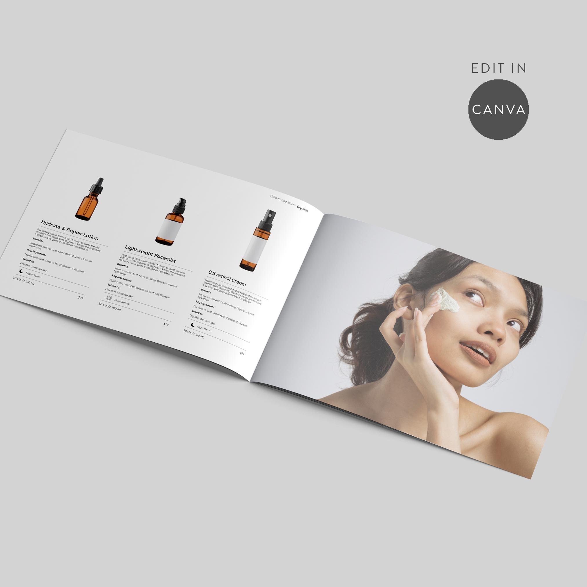 Skincare Product Brochure Line sheet Catalog, Brand Advertising Marketing for Professional Skincare Brands, Canva Template, US & A4