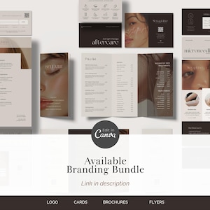 Puede incluir: Un paquete de branding con tarjetas de visita, folletos y volantes. El dise&ntilde;o utiliza una paleta de colores neutros con im&aacute;genes de un rostro. El texto incluye "BELLAIRE", "aftercare" y "microneedling". El texto "Available Branding Bundle" tambi&eacute;n es visible.