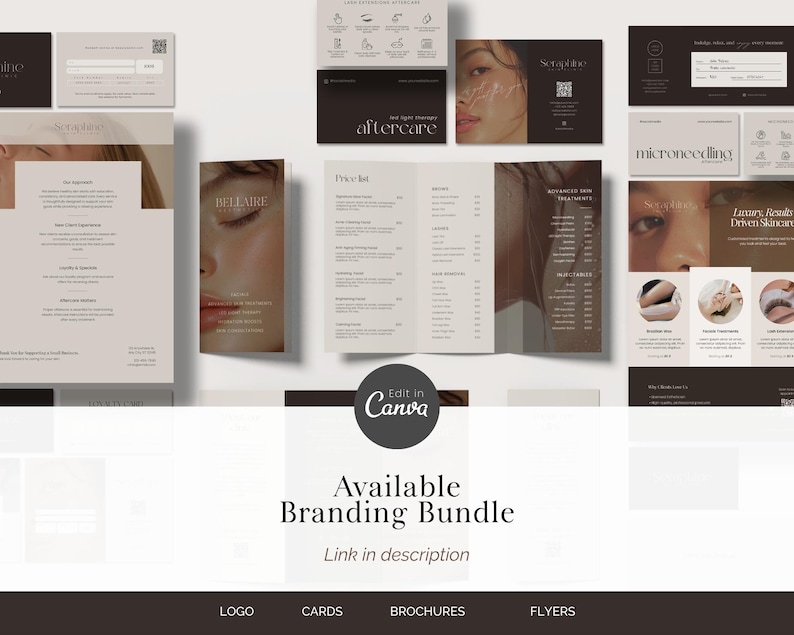 Puede incluir: Un paquete de branding con tarjetas de visita, folletos y volantes. El dise&ntilde;o utiliza una paleta de colores neutros con im&aacute;genes de un rostro. El texto incluye "BELLAIRE", "aftercare" y "microneedling". El texto "Available Branding Bundle" tambi&eacute;n es visible.