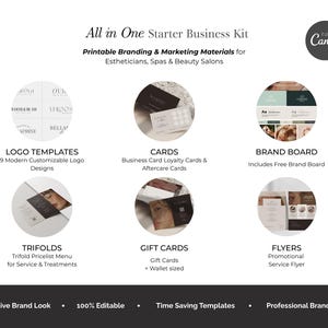 Complete esthetician startup branding kit with printable marketing materials and Canva templates for salons and beauty professionals. Includes logos, brochures, flyers, cards, and client materials designed for launching or rebranding an esthetician business. Digital download ideal for new estheticians, home studios, skincare clinics, and professional salon branding.