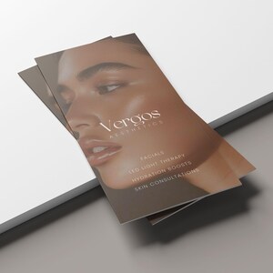 High-end med spa trifold brochure, brown elegant branding look, printable Canva template, fully customizable with sections for facials, injectables, brows and business contact details