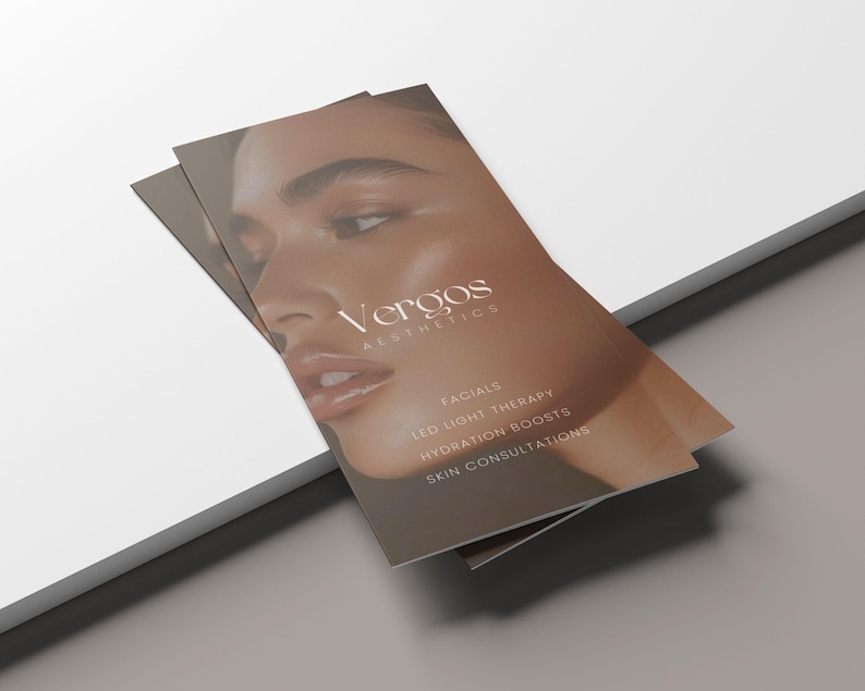 High-end med spa trifold brochure, brown elegant branding look, printable Canva template, fully customizable with sections for facials, injectables, brows and business contact details