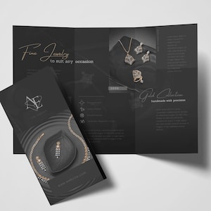 Broszura Trifold Jewelry, edytowalny szablon Canva, składana ulotka EU Size Trifold, czarny projekt broszury dla firmy jubilerskiej