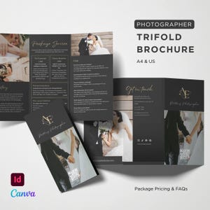 Przewodnik po usługach i cenach broszur składanych w trzy części, czarno-złoty dla firm zajmujących się fotografią ślubną, edytowalny szablon Indesign i Canva / rozmiar US A4