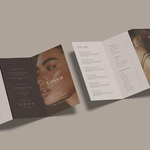 Elegant brown trifold brochure for skin clinic, fully editable Canva template, customizable layout with space for brand logo and contact, includes facials, injectables and brow lash services
