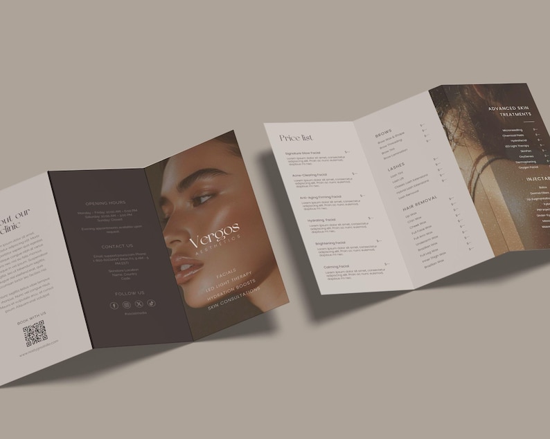 Elegant brown trifold brochure for skin clinic, fully editable Canva template, customizable layout with space for brand logo and contact, includes facials, injectables and brow lash services