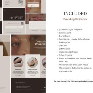 Esthetician branding materials designed for aesthetic skin treatments including microneedling, botox, fillers, waxing and hair removal, brows and lashes. Printable trifold price list, service flyer, and marketing materials with a clean modern serif font. Editable Canva templates ideal for skincare clinics, medical spas, and estheticians offering advanced beauty services.