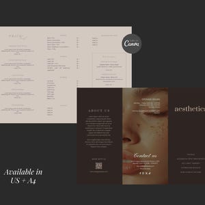Hoogwaardige driebladige sjabloon voor esthetische kliniek | Huidverzorging en schoonheidsbrochure | Beautyprijslijst en servicepakketten | Bewerkbaar canvas afbeelding 2