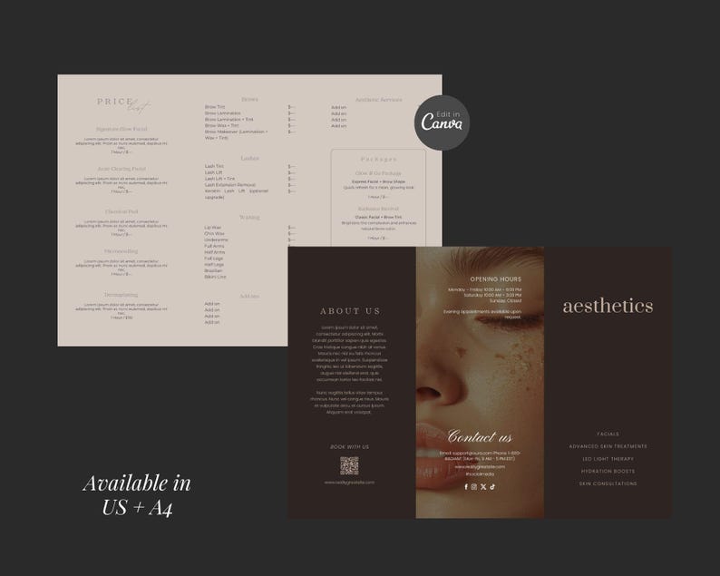 Hoogwaardige driebladige sjabloon voor esthetische kliniek | Huidverzorging en schoonheidsbrochure | Beautyprijslijst en servicepakketten | Bewerkbaar canvas afbeelding 2