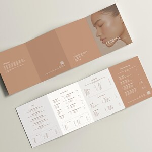 Modern Beauty Brochure Template | Quad Fold Price List Booklet for Skincare, Hair, Lashes & Brows  | Editable Canva