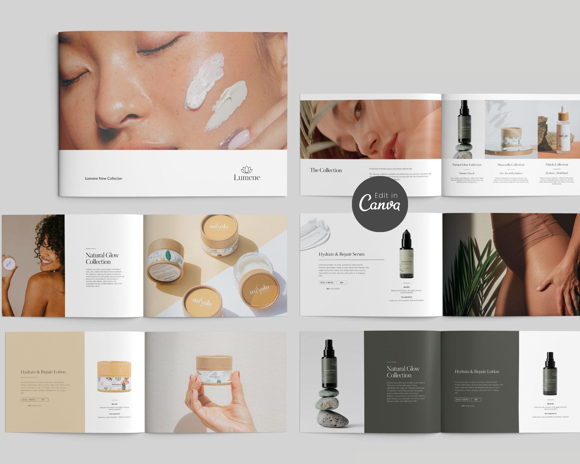 Skincare Product Catalog Template, Natural Beauty Brochure (Canva Editable) Digital Download