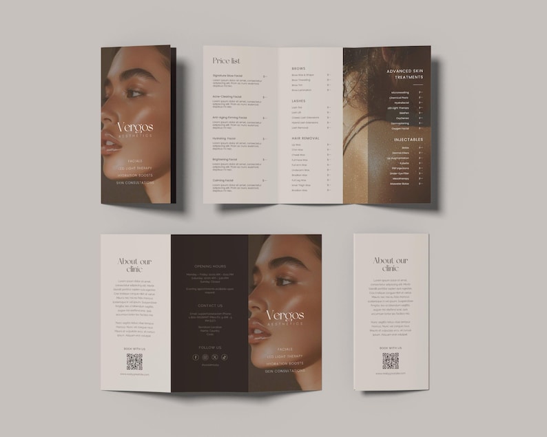 Puede incluir: Un conjunto de folletos y tarjetas de visita con el tema de una cl&iacute;nica de belleza. El folleto es plegable en tres partes y presenta el rostro de una mujer en la portada y p&aacute;ginas interiores con una lista de precios e informaci&oacute;n sobre tratamientos. La tarjeta de visita incluye el nombre y los datos de contacto de la cl&iacute;nica.
