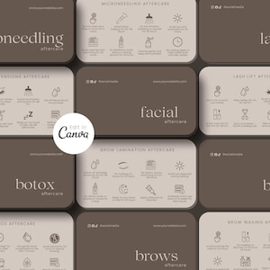 May include: A collection of rectangular aftercare instruction cards for beauty treatments including microneedling, lash extensions, lash lift, facial, brow lamination, botox, and brow waxing. Each card features icons and text on a brown background.